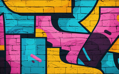 Wall Mural - Colorful graffiti artwork on a brick wall with vibrant blue, pink, yellow, and black patterns creating a bold and artistic urban scene.