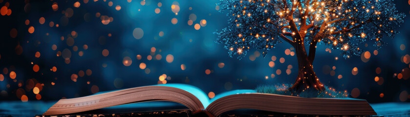 Wall Mural - open book with magical tree growing out, glowing lights and bokeh background, symbolizing imaginatio