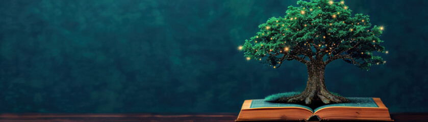 Wall Mural - open book with a lush tree sprouting from its pages, glowing with tiny lights, symbolizing growth, k
