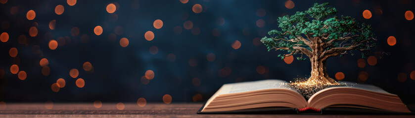 Wall Mural - a magical tree growing from the pages of an open book, surrounded by glowing fairy lights, symbolizi