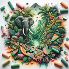 Wall Mural - 105 76. Jungle adventure chalk piece shattering into a lush disp