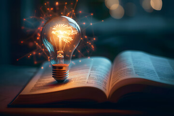 Canvas Print - Glowing light bulb on a text book illuminating everything. Learning and education concept. 