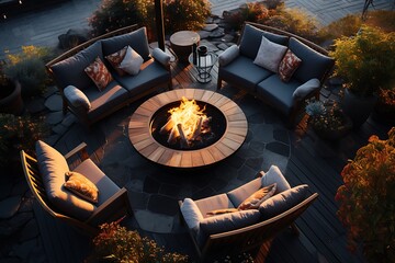 Outdoor patio with armchairs and a bonfire in the evening