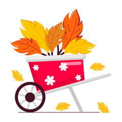 Wall Mural - Garden cart filled with autumn leaves, flat sticker 

