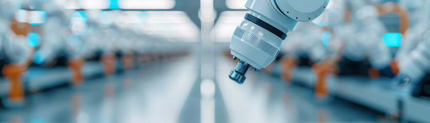 Wall Mural - Close-up view of a robotic arm in a high-tech automated factory, showcasing modern machinery and advanced technology in industrial manufacturing.