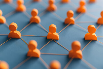 interconnected orange figures representing a network of individuals on a blue background. concept of