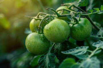 Closeup of an unripe green tomatoes on the vine in a lush garden setting