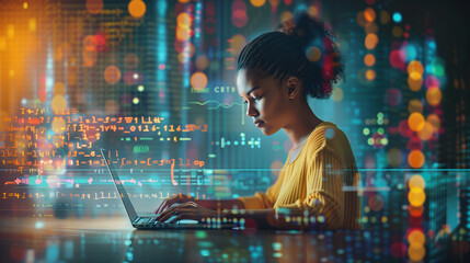 a female programmer coding applications on her laptop, engaged in her work with a background of digital graphs and data, symbolizing her role in app development and technology inno
