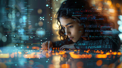 showing a focused female coder developing new software, with a dynamic background of code snippets and digital interfaces, perfect for themes of innovation, software creation, and
