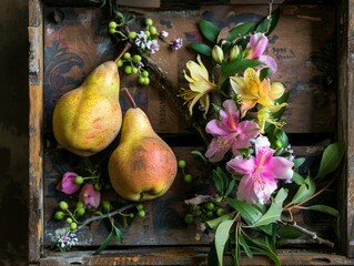 Vintage Spring Wedding Table: English Pear and Freesia on Painted Wooden Crate