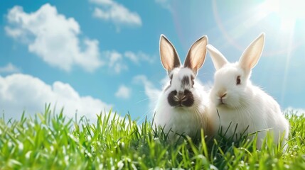 Wall Mural - Two adorable bunnies in a field of green grass.