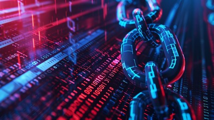 Close-up of a digital blockchain chain with binary code, illustrating modern technology and secure data transfer.