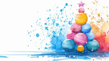 Poster - A vibrant watercolor Christmas tree adorned with colorful balls, confetti, and a gleaming star, perfect for festive greetings.