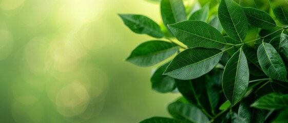 Wall Mural - lush green leaves close-up with soft bokeh background - nature photography for eco-friendly designs,