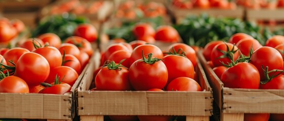 Wall Mural - fresh red ripe tomatoes in wooden crate at farmers market - close up view of produce for sale - healthy food, organic vegetables