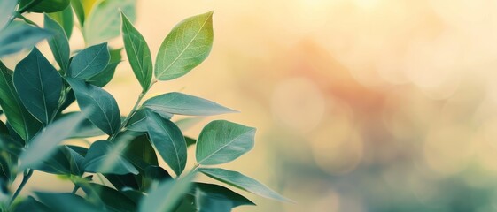 Wall Mural - lush green leaves with soft bokeh background - nature photography - sunlight filtering through folia