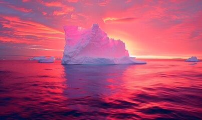 Wall Mural - A stunning pink and orange sunset illuminating an iceberg in the ocean, Generative AI