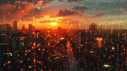 Sticker - A sunset in the city with rain, where golden hues of the setting sun blend with raindrops, creating a serene and reflective atmosphere.