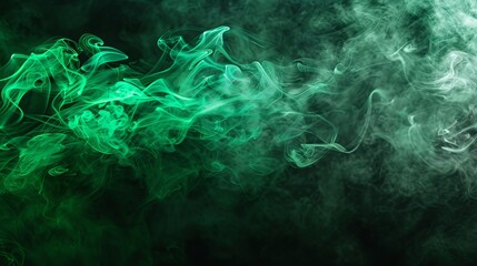 Wall Mural - Thick, colorful green smoke swirls against a black, isolated background, creating a striking visual effect reminiscent of vape smoke.