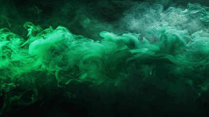 Wall Mural - Thick, colorful green smoke swirls against a black, isolated background, creating a striking visual effect reminiscent of vape smoke.