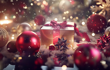 Wall Mural - Gift Box with Luxury Ribbons and Christmas Decorations	