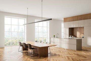 Sticker - Elegant home kitchen interior with dining table and chairs, cabinet and window