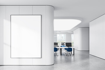 Canvas Print - Office coworking interior with pc computers and panoramic window. Mockup frame