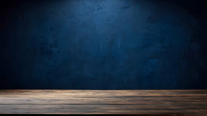 Wall Mural - Empty wooden table with dark blue grunge wall background, for displaying product