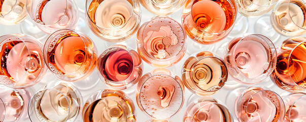 Top view  glasses of rose wine in white table background.