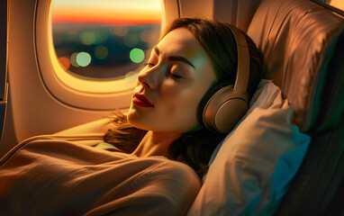 Wall Mural - Lifestyle portrait of attractive brunette woman sleeping and listening to headphones on airplane long haul flight