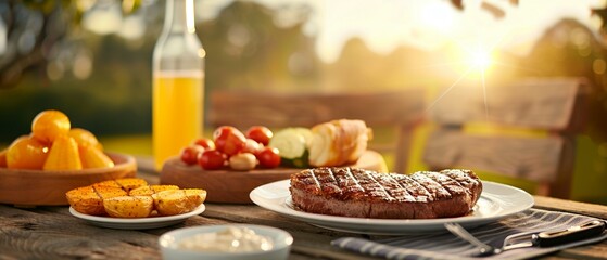 A dynamic table set for a summer barbecue with juicy steaks and vibrant side dishes, photorealistic, bright sunlight, highdetail textures, lively atmosphere