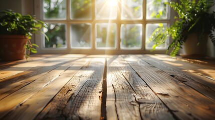 Wall Mural - Sunlit Wooden Table Offering Warm and Inviting Display Space for Product Showcase