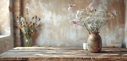 Poster - Rustic Vintage Table with Floral Arrangement for Product Showcase and Copy Space