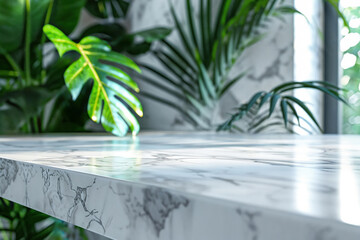 Wall Mural - Empty marble tabletop for product placement with a blurred background of lush green plants