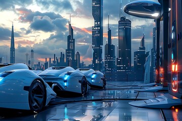 Wall Mural - Futuristic Cityscape with Flying Cars at Sunset.