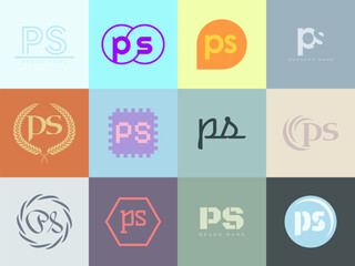 PS logo company template. Letter p and s logotype. Set different classic serif lettering and modern bold text with design elements. Initial font typography.