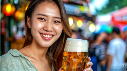 Asian woman in green shirt holding a beer mug and smiling at an outdoor Oktoberfest celebration, surrounded by a lively crowd.