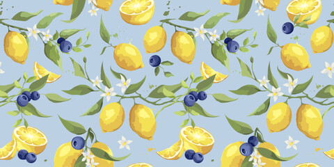 summer pattern with lemon and blueberry branch. seamless background with citrus fruits and berries, 