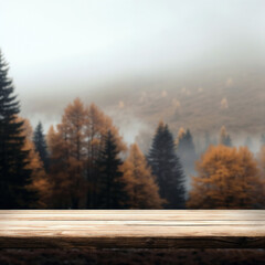 Poster - Empty wooden tabletop with blurred autumn forest landscape background, perfect for product display or design templates