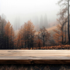 Poster - Empty wooden tabletop with misty autumn forest background. Perfect for product display or presentation