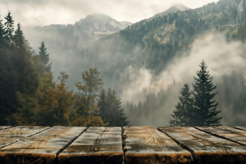 Poster - Empty wooden table top with misty mountain view in background, perfect for product placement