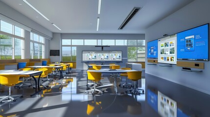 future-oriented classroom with sleek, movable furniture and large touch screens