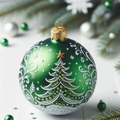 A Beautiful Green New Year's ball with a painted Christmas tree on a white background