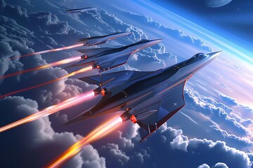 Wall Mural - Futuristic Fighter Jets Flying Above the Clouds.