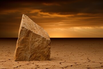 Poster - Lone rock formation in desert landscape at sunset