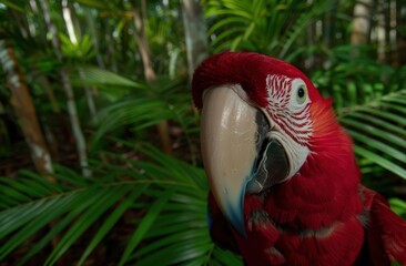 Canvas Print - Vibrant red parrot in lush tropical foliage