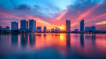 Canvas Print - Vibrant Cityscape at Sunset with Tall Buildings and Reflections in the River