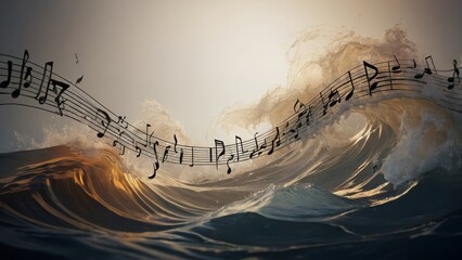 Wall Mural - An abstract depiction of musical staves transformed into waves symbolizing sound.