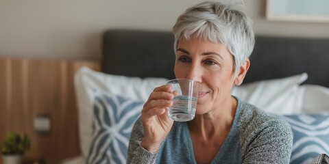 Sticker - A cheerful elderly woman at home, holding a glass of water, emphasizing health and hydration in her daily routine.