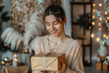 Wall Mural - Happy woman opening her present on feeling thankful for getting present in wrapped gift box, celebrating happy birthday or marriage anniversary, international women s day, Merry Christmas. 